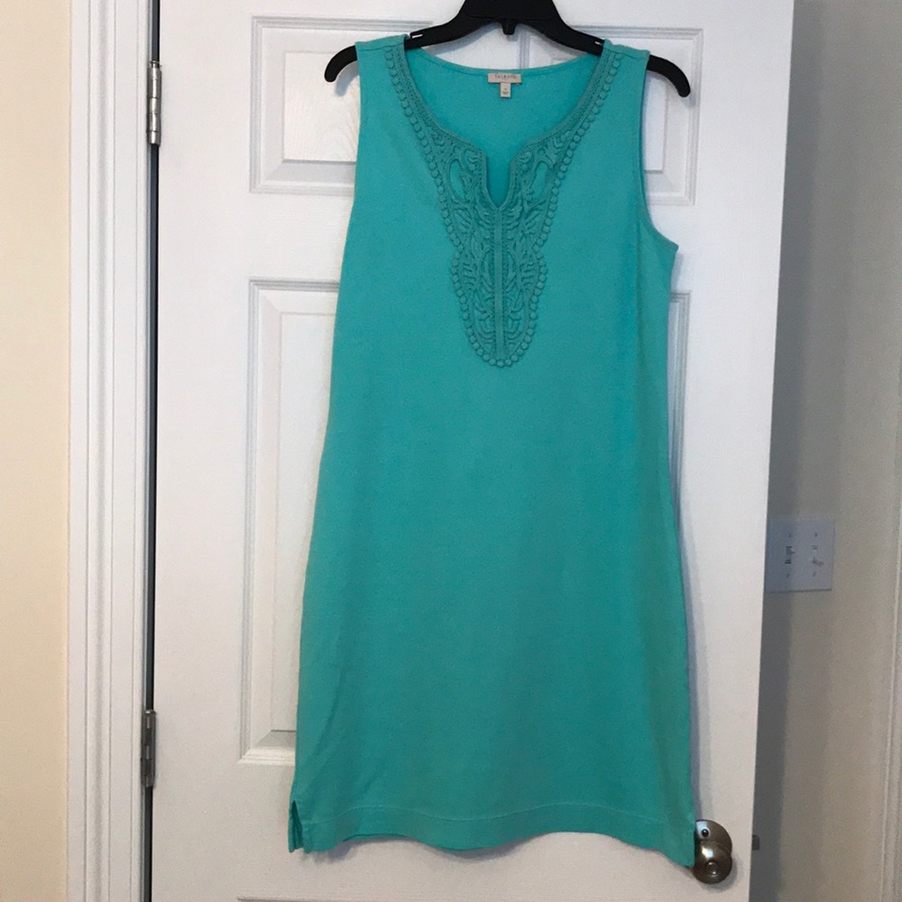 Talbots turquoise shift dress with crochet neck